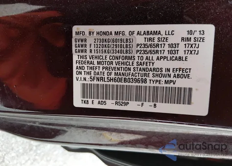 2014 Honda Odyssey Ex-L z USA, uszkodzony, nr VIN 5FNRL5H60EB039698